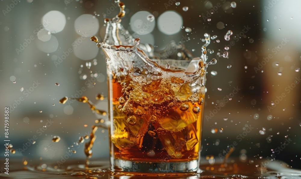 A splash of rum in a glass, creating a vibrant and dynamic motion