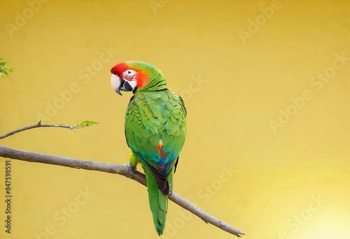 A vibrant green parrot with a red head and blue wingtips perched on a branch. photo