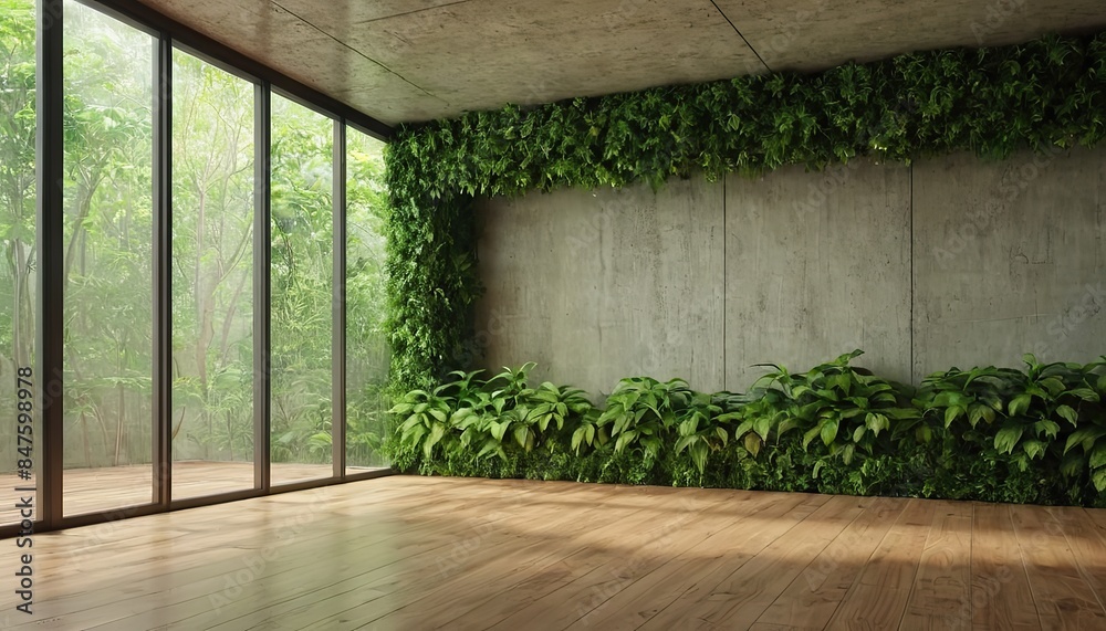 Empty old wood plank wall 3d render, There are concrete floor, Behide the backdrop is a tropical garden, sunlight shine into the room. Empty old wood plank wall 3d render, There are concrete floor, Behide the backdrop is a tropical garden, sunlight shine into the room.