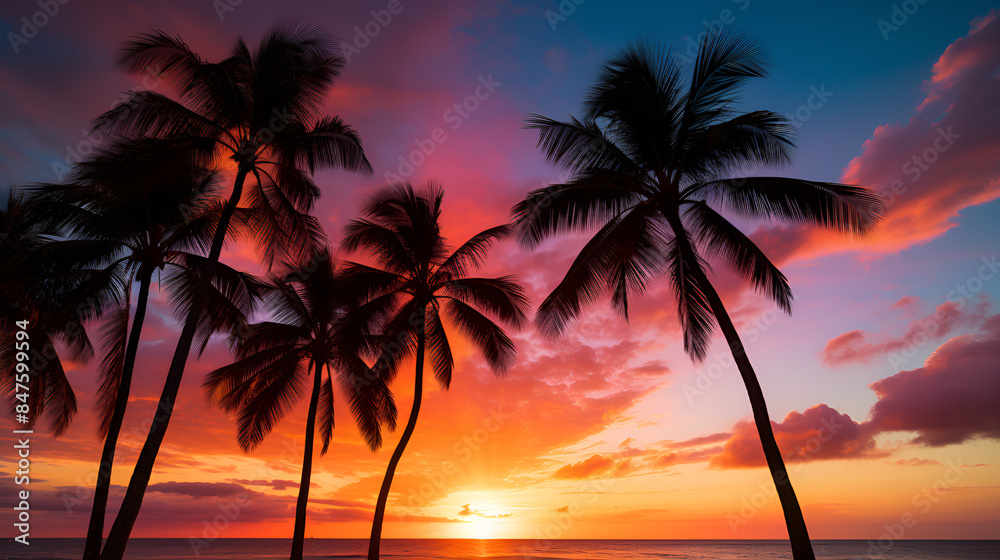 Obraz premium A beautiful sunset over a calm ocean with vibrant orange and pink hues reflecting on the water.