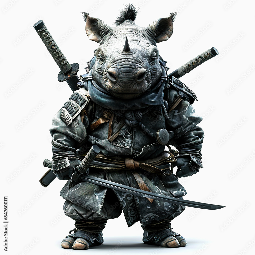 3D Rhinoceros assassin cartoon with mask isolated on white background. Realistic Rhinoceros ninja 3D Rhinoceros assassin cartoon with mask isolated on white background. Realistic Rhinoceros ninja
