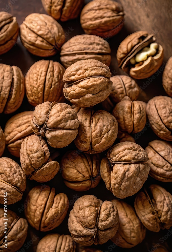 A close-up of walnuts with a few cracked open, revealing their creamy interior. A close-up of walnuts with a few cracked open, revealing their creamy interior.