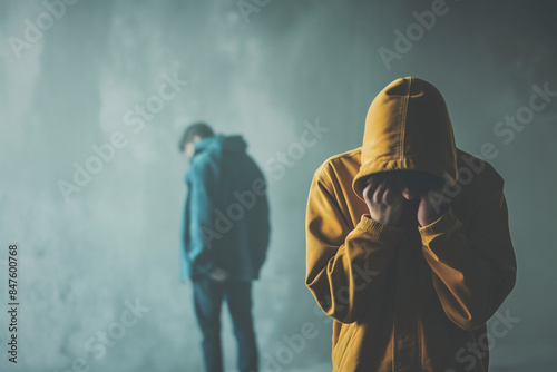 A young man in a yellow hoodie covers his face with his hands while another man stands in the background out of focus photo