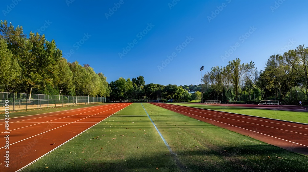 Photo of an outdoor running track in France, with a red surface and white lines. A green grass field lines the sides of the track.