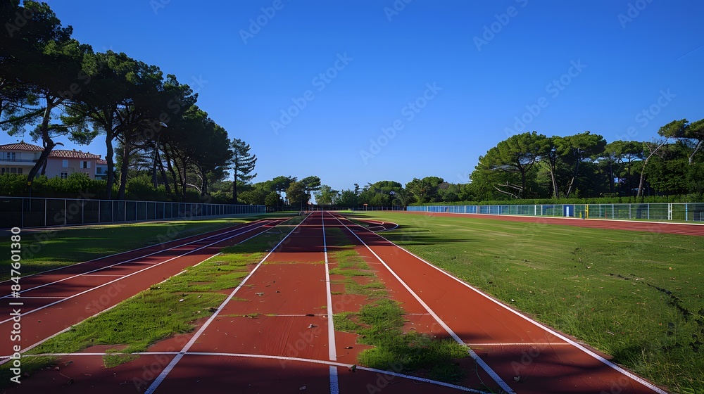 Obraz premium Photo of an outdoor running track in France, with a red surface and white lines. A green grass field lines the sides of the track.