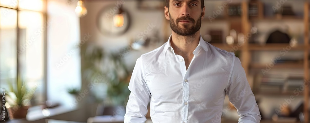 A man in a white shirt stands in front of a window with a potted plant A man in a white shirt stands in front of a window with a potted plant