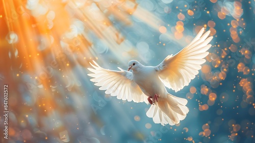 white dove, white wings spread out in the air with blue and orange background, light rays shining down from behind.