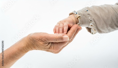 old hand holding baby hand isolated on white background, cropping