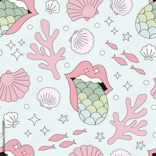 Mermaid lips with tongue Coral Shell vector seamless pattern. Groovy underwater background.