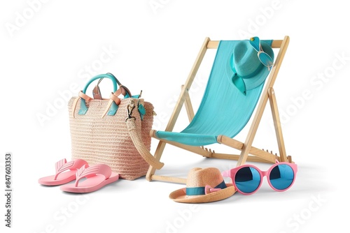 Beach accessory set of sun lounger, umbrella, beach bag, masks and flippers for snorkeling, sunglasses, slates, cocktail, inflatable swimming circle, surfboards.  photo