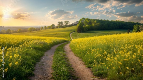 Expansive rapeseed field with a winding rural path, tranquil and scenic, sunlit landscape, vivid yellow blossoms © Alpha