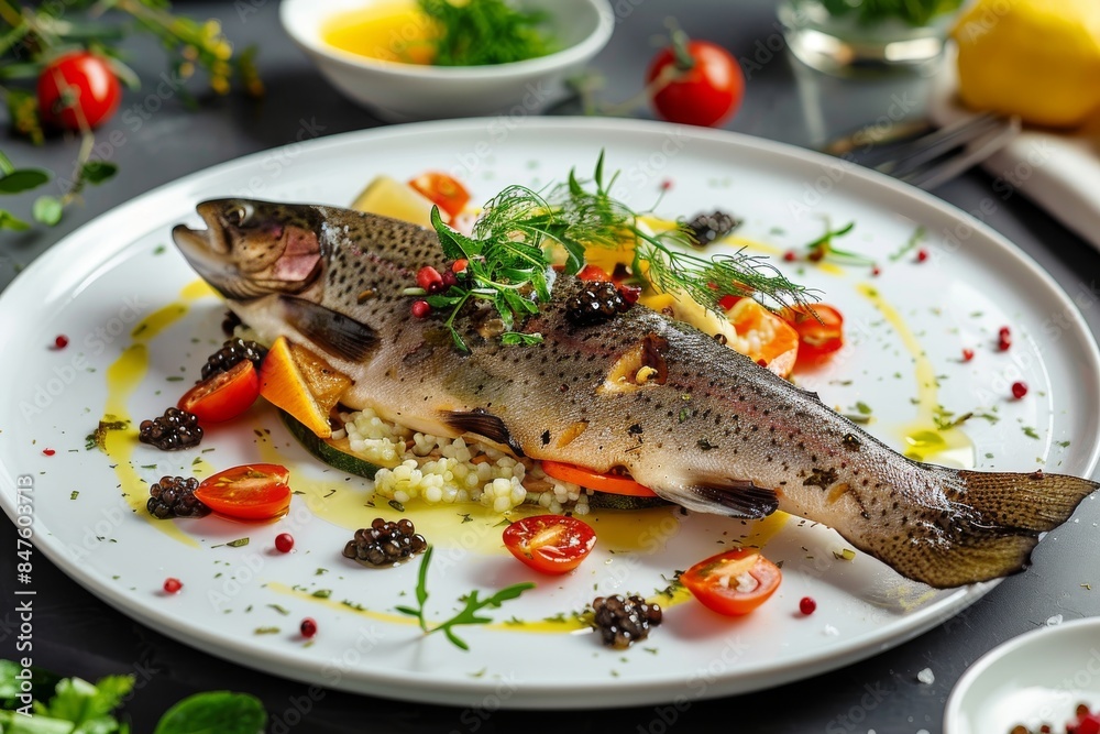 Whole Baked Rainbow Trout, Fried Trout Fish on a Vegetable Pillow with Creamy Caviar Sauce Whole Baked Rainbow Trout, Fried Trout Fish on a Vegetable Pillow with Creamy Caviar Sauce