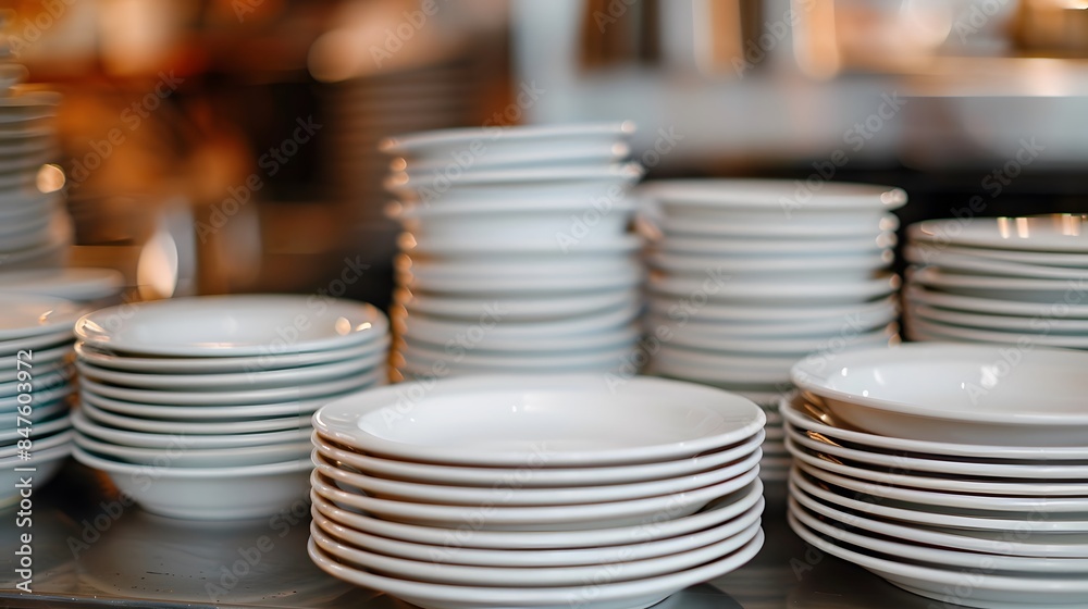 White plates and bowls stacked on top of each other, creating an aesthetically pleasing arrangement. The background is blurred to focus attention on the stack of dishes. White plates and bowls stacked on top of each other, creating an aesthetically pleasing arrangement. The background is blurred to focus attention on the stack of dishes.