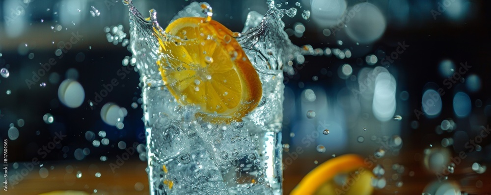A splash of gin and tonic in a crystal glass with ice cubes and a slice of lime A splash of gin and tonic in a crystal glass with ice cubes and a slice of lime