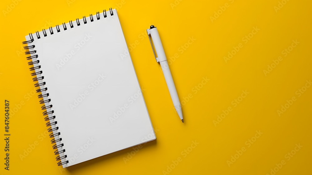 White spiral notebook on yellow background with space for writing, top view. Mockup for design and advertising of product or service. White spiral notebook on yellow background with space for writing, top view. Mockup for design and advertising of product or service.