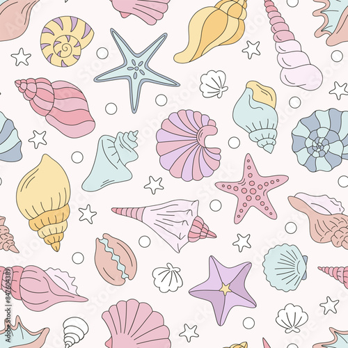 Pastel colours Sea Shells vector seamless pattern. Groovy underwater background.