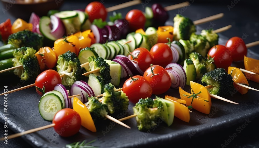 An assortment of vegetable skewers with cherry tomatoes, bell peppers, cucumbers, and red onions, artistically presented on a tray, perfect for a fresh and vibrant vegetarian dish An assortment of vegetable skewers with cherry tomatoes, bell peppers, cucumbers, and red onions, artistically presented on a tray, perfect for a fresh and vibrant vegetarian dish