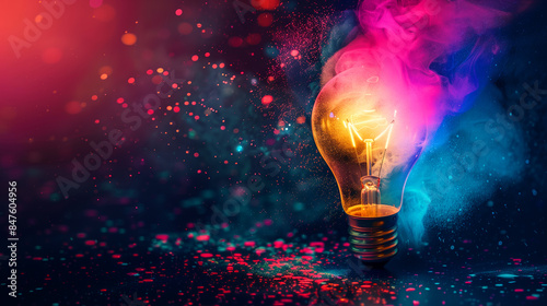 A light bulb is lit up in a colorful background with a lot of smoke. The light bulb is surrounded by a lot of sparks. a colorful glowing idea bulb lamp, visualisation of brainstorming