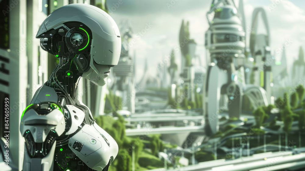 Robot gazing at futuristic cityscape Robot gazing at futuristic cityscape