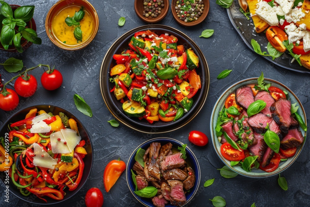 Spicy Salads Set, Salat Collection with Beef Meat and Vegetables Salats Top View, Restaurant Buffet Menu Spicy Salads Set, Salat Collection with Beef Meat and Vegetables Salats Top View, Restaurant Buffet Menu