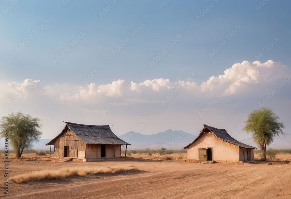 Fototapeta premium a dirt road with two small buildings in the middle of it