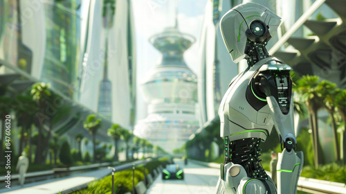 Robot humanoid in futuristic cityscape