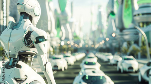 Futuristic robot in a city of the future