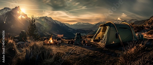 camping site at dusk with a tent set up on a grassy knoll among pine trees, futuristic camping gear photo