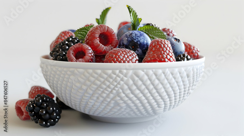 a white bowl filled with a variety of fruit, including red strawberries and a green leaf, sits on a transparent background