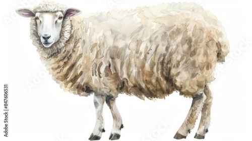 A fluffy sheep with gentle watercolor shading on a white background