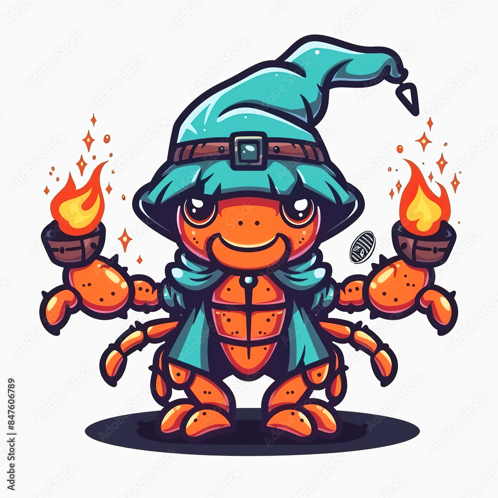 Obraz premium Cute Scorpion wizard cartoon character wearing magic robe and magic hat. Chibi Scorpion magician