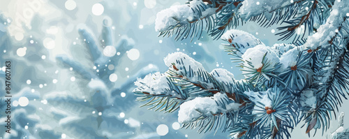 Fresh snow on the branches of pine trees. Vector flat minimalistic isolated illustration