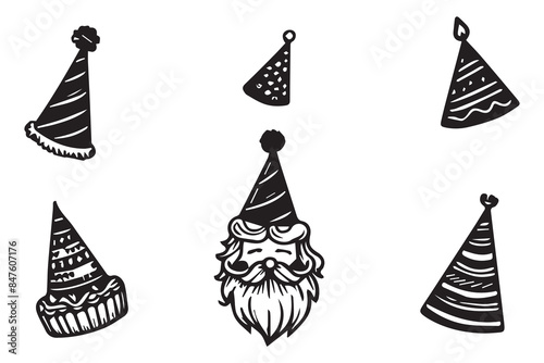 Set of silhouettes of hand drawing birthday and cristmass cap Isolated photo