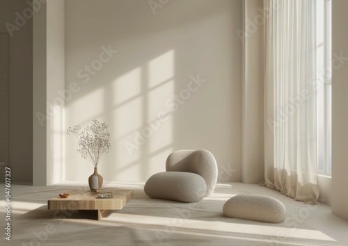 Minimalist Beige Living Room with Modern Furniture and Natural Light