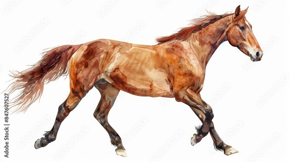 Fototapeta premium A majestic horse in watercolor clipart, trotting on a white background
