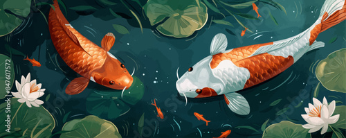Koi fish swimming gracefully in a serene pond. Vector flat minimalistic isolated illustration