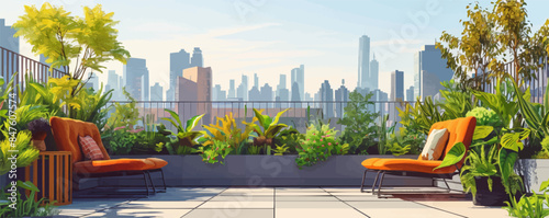 Urban rooftop garden with plants and seating Vector flat minimalistic isolated illustration