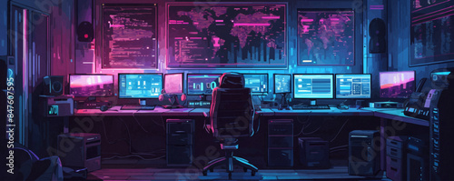 Cyberpunk hacker's den with glowing screens Vector flat minimalistic isolated illustration