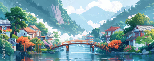 A tranquil riverside town with a wooden bridge spanning the river. Vector flat minimalistic isolated illustration.