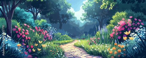 Enchanted garden pathway with blooming flowers Vector flat minimalistic isolated illustration