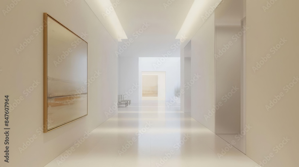 A minimalist hallway featuring smooth walls and a single piece of art A minimalist hallway featuring smooth walls and a single piece of art