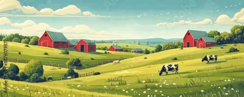 A serene countryside farm with red barns and grazing cows in the pasture. Vector flat minimalistic isolated illustration.