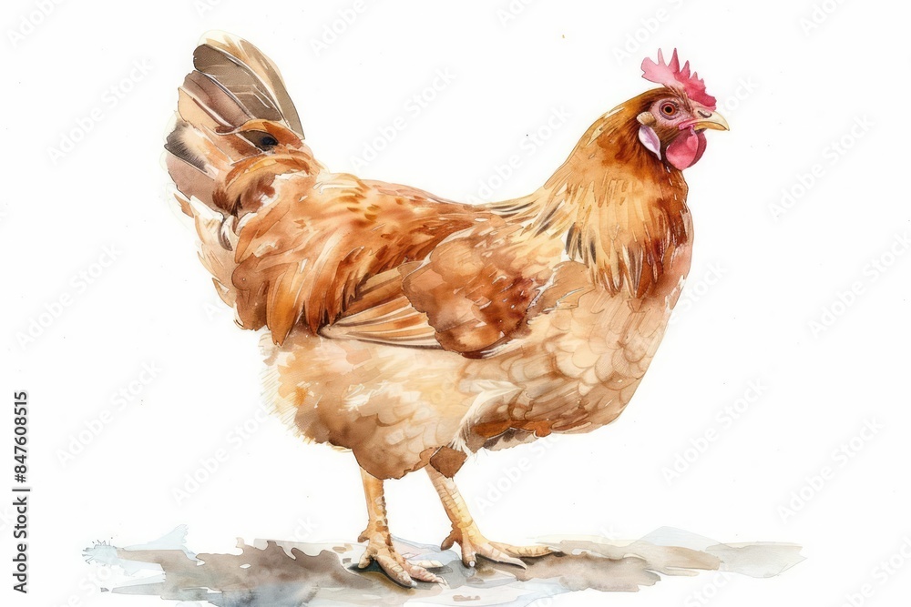 Fototapeta premium A proud chicken in delicate watercolor hues on a white background