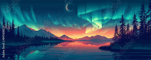 Night sky painted with the Northern Lights. Vector flat minimalistic isolated illustration.