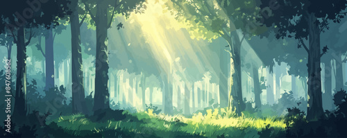 A tranquil woodland glen with shafts of sunlight filtering through the trees. Vector flat minimalistic isolated illustration
