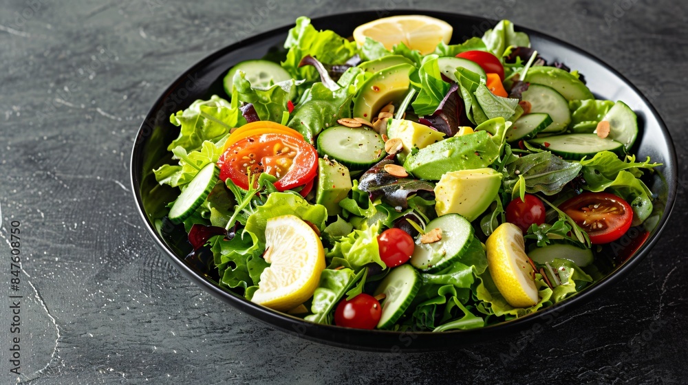 fresh salad in black bowl. variety of greens, including lettuce and spinach, as well as colorful vegetables such as cherry tomatoes, cucumber slices, and what appears to be some yellow bell pepper pie fresh salad in black bowl. variety of greens, including lettuce and spinach, as well as colorful vegetables such as cherry tomatoes, cucumber slices, and what appears to be some yellow bell pepper pie