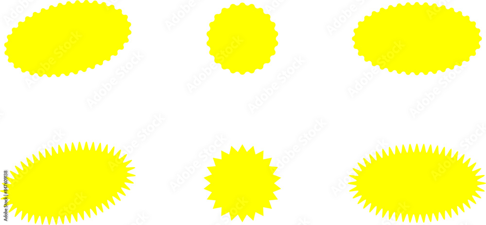 Fototapeta premium Starburst yellow sticker set - collection of special offer sale oval and round shaped sunburst labels and badges. Promo stickers with star edges. Vector.