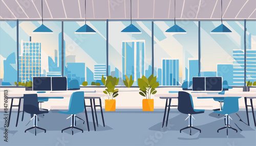 Office interior. Empty conference room or modern office workplace with desk laptop computer. Vector illustration