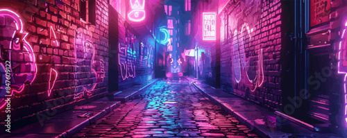 Cyberpunk alleyway with neon lights and graffiti Vector flat minimalistic isolated illustration