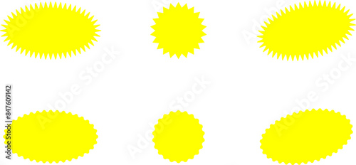 Starburst yellow sticker set - collection of special offer sale oval and round shaped sunburst labels and badges. Promo stickers with star edges. Vector.